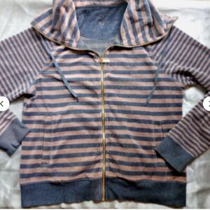 Calvin Klein womens striped velvet long sleeve zip jacket szL pockets navy/tan